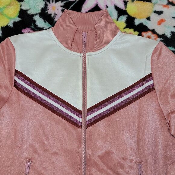 New American Apparel Track Crop Zip Up Jacket Dusty Rose w Trophy Stripe M - Picture 3 of 8
